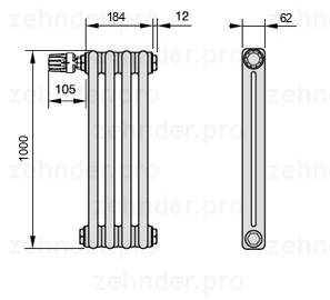 Схема (чертеж) Радиатор Zehnder Charleston 2100/4 №V011 Белый глянцевый RAL 9016